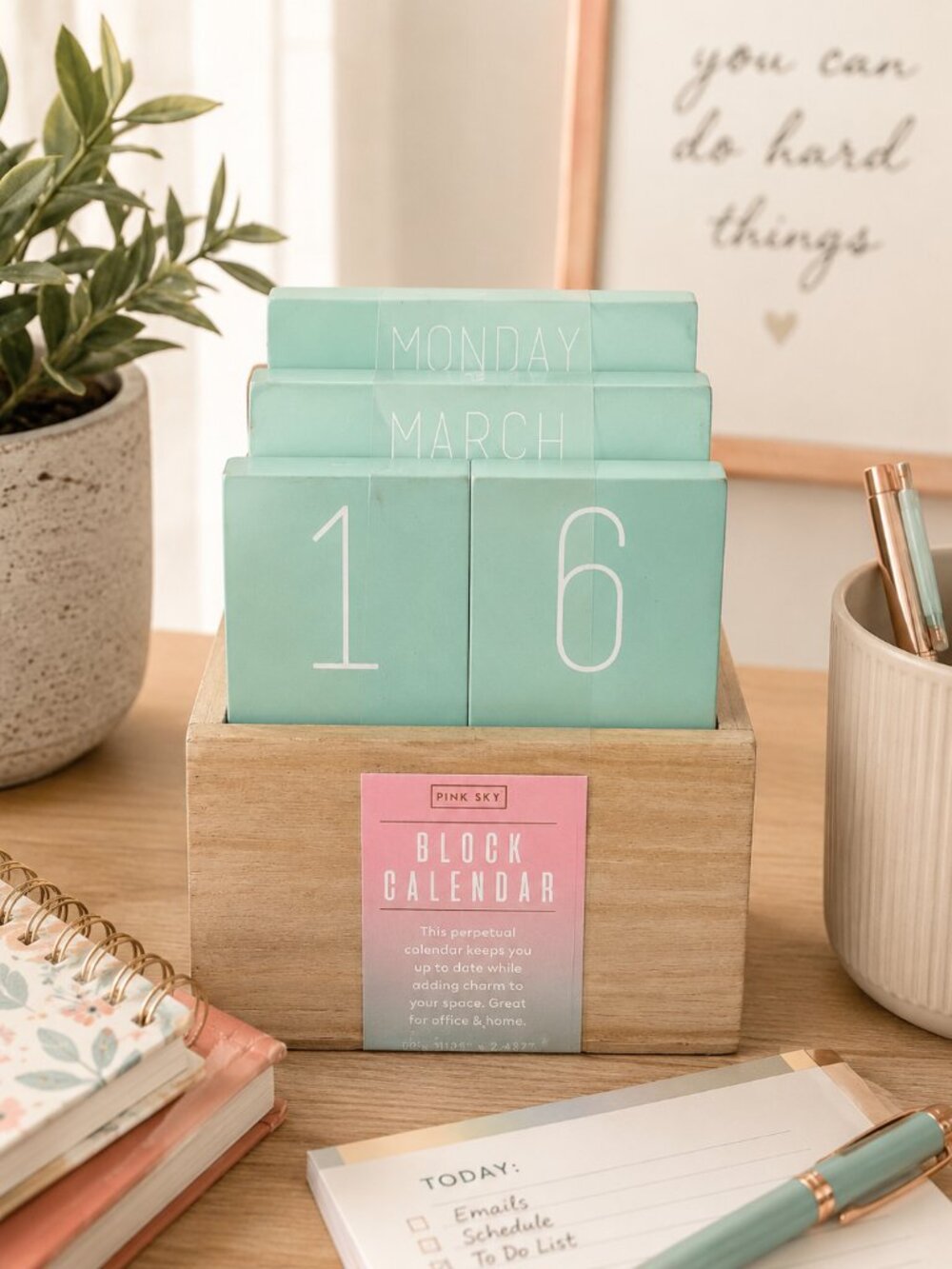 Pink Sky Perpetual Wood Block Calendar Mint Blue Natural Wood Desk Decor